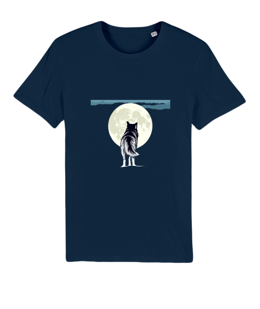 Good Vibes T-shirt blue wolf in full moon